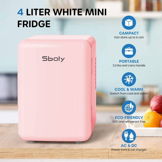 Sboly Mini Fridge, 4L Portable Dorm Refrigerator, 6 Can Mini Beverage Fridges for Skincare Car Dorm, Pink