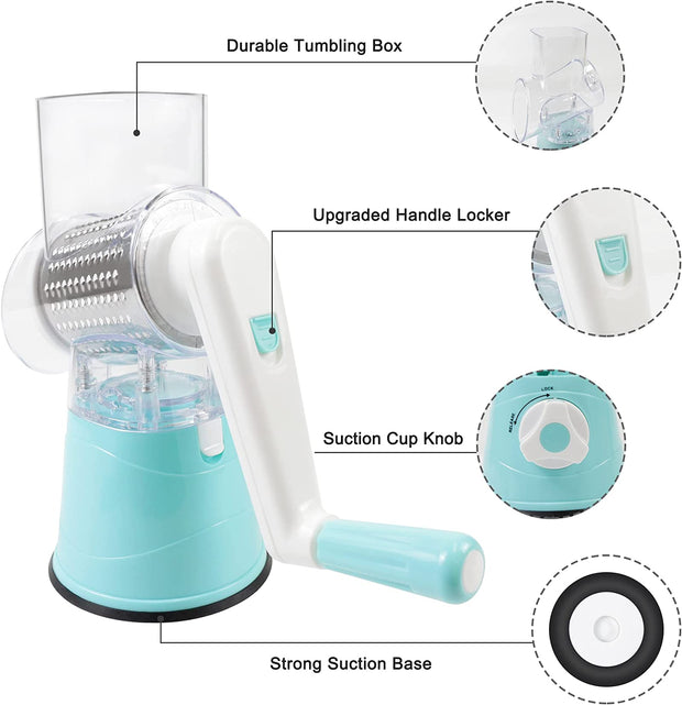 Sboly Rotary Cheese Grater, 3 Interchangeable Blades for Cheese Vegetable Nuts, Graters & Slicers, Blue