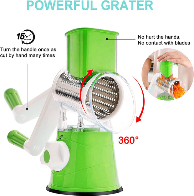 Sboly Rotary Cheese Grater, 3 Interchangeable Blades for Cheese Vegetable Nuts, Graters & Slicers, Green