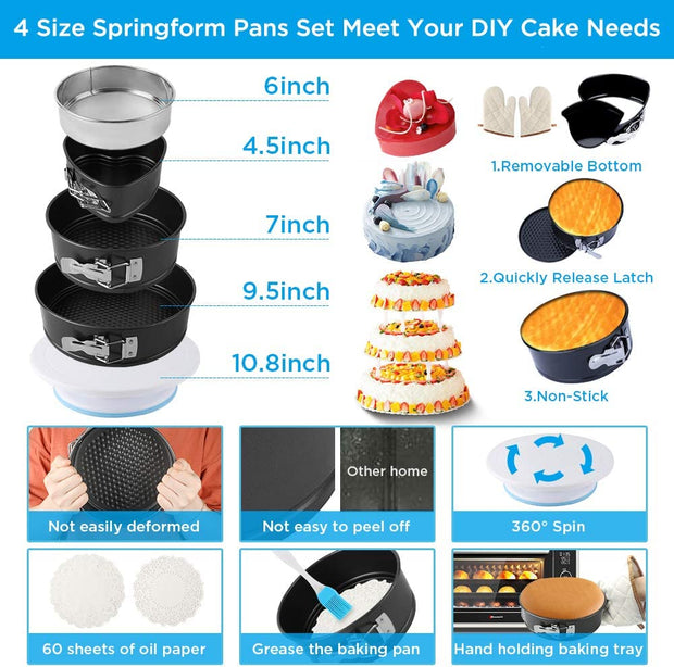 Sboly Cake Decorating Supplies, 413 PCS Baking Supplies Kit with Cake Rotating Turntable Stand, Springform Pan Sets, Icing Piping Nozzles, Cake Topper,Piping Bags