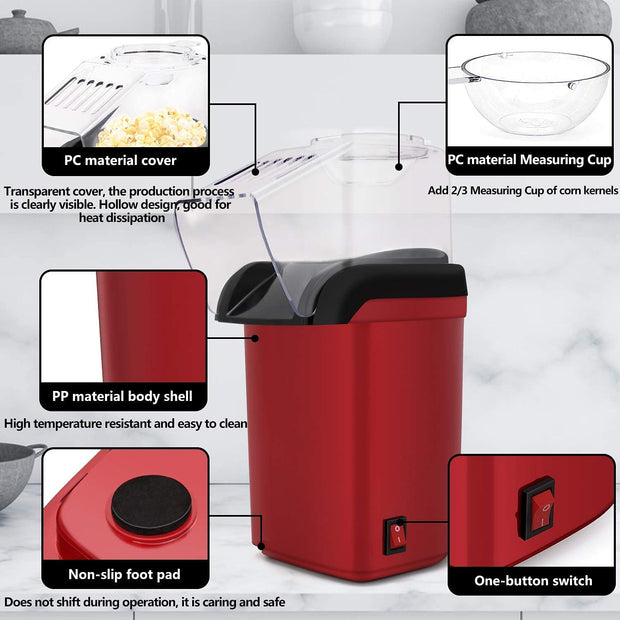 Sboly Hot Air Popcorn Popper, 3 Minutes Fast No Oil Healthy Popcorn Machine for Kids Adults, Great for Party and Watching Movies, 1200W, Red