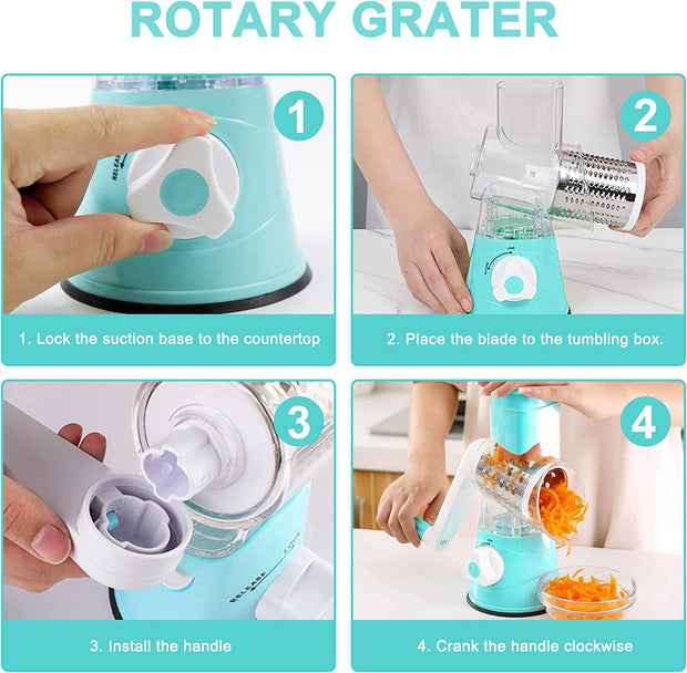 Sboly Rotary Cheese Grater, 3 Interchangeable Blades for Cheese Vegetable Nuts, Graters & Slicers, Blue