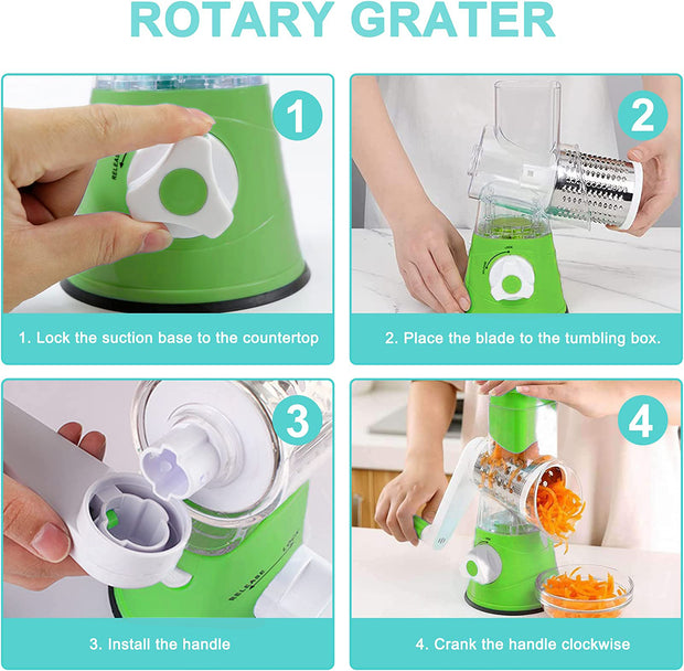 Sboly Rotary Cheese Grater, 3 Interchangeable Blades for Cheese Vegetable Nuts, Graters & Slicers, Green