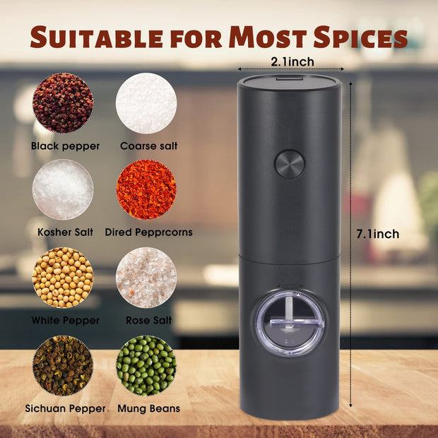 Sboly Electric Pepper Grinder Salt Mill, Adjustable Coarseness Automatic Pepper Mill with LED Light, One-hand Button Control, Battery Powered Salt and Pepper Grinder, Black