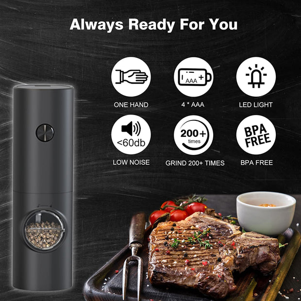 Sboly Electric Pepper Grinder Salt Mill, Adjustable Coarseness Automatic Pepper Mill with LED Light, One-hand Button Control, Battery Powered Salt and Pepper Grinder, Black