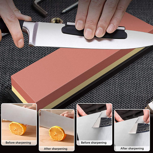 Sboly Sharpening Stone Knife Sharpeners - 400/1000 + 3000/8000 Grit Whetstone with Flattening Stone, Stone Fixer, Leather Strop, Bamboo Base, 3 Non-Slip Rubber Bases & Angle Guide