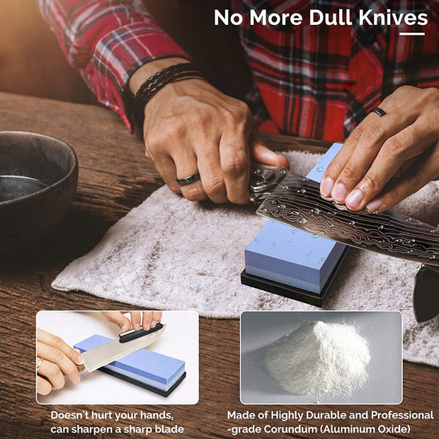 Sboly Sharpening Stone Knife Sharpeners - 400/1000 + 3000/8000 Grit Whetstone with Flattening Stone, Stone Fixer, Leather Strop, Bamboo Base, 3 Non-Slip Rubber Bases & Angle Guide