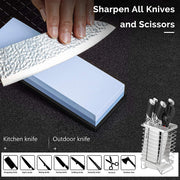 Sboly Sharpening Stone Knife Sharpeners - 400/1000 + 3000/8000 Grit Whetstone with Flattening Stone, Stone Fixer, Leather Strop, Bamboo Base, 3 Non-Slip Rubber Bases & Angle Guide