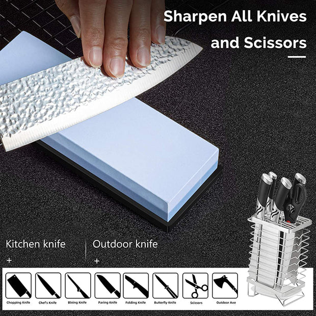 Sboly Sharpening Stone Knife Sharpeners - 400/1000 + 3000/8000 Grit Whetstone with Flattening Stone, Stone Fixer, Leather Strop, Bamboo Base, 3 Non-Slip Rubber Bases & Angle Guide
