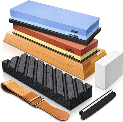 Sboly Sharpening Stone Knife Sharpeners - 400/1000 + 3000/8000 Grit Whetstone with Flattening Stone, Stone Fixer, Leather Strop, Bamboo Base, 3 Non-Slip Rubber Bases & Angle Guide