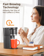 Sboly Mini Single Serve Coffee Maker, Instant Coffee Maker One Cup for K Cup & Ground Coffee, 6 to 12 Oz Brew Sizes, Capsule Coffee Machine with Water Window and Descaling Reminder, Black