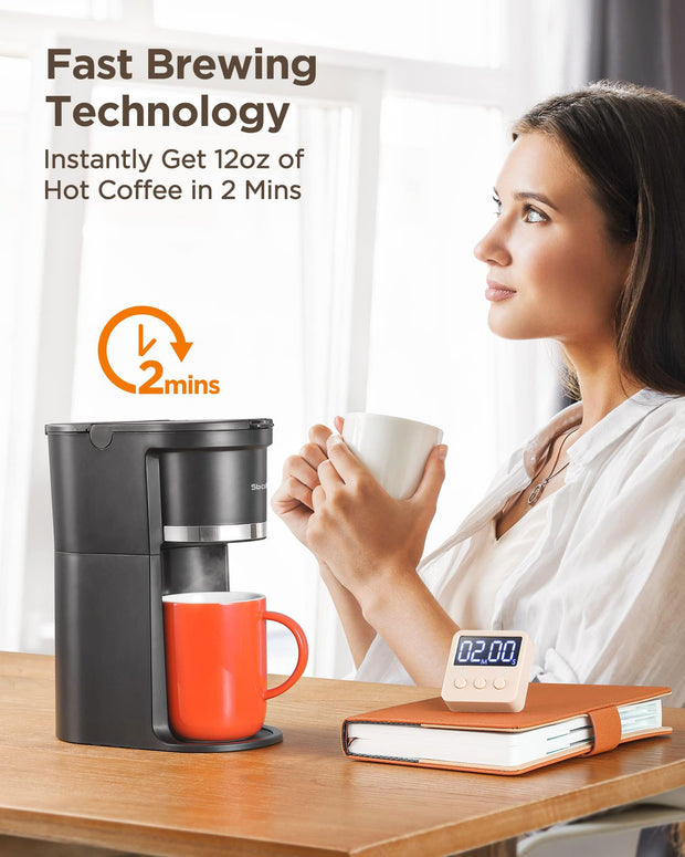 Sboly Mini Single Serve Coffee Maker, Instant Coffee Maker One Cup for K Cup & Ground Coffee, 6 to 12 Oz Brew Sizes, Capsule Coffee Machine with Water Window and Descaling Reminder, Black