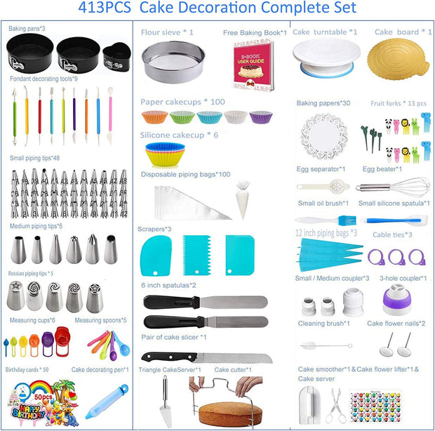 Sboly Cake Decorating Supplies, 413 PCS Baking Supplies Kit with Cake Rotating Turntable Stand, Springform Pan Sets, Icing Piping Nozzles, Cake Topper,Piping Bags