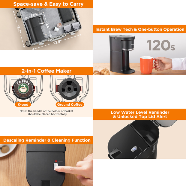 Sboly Mini Single Serve Coffee Maker, Instant Coffee Maker One Cup for K Cup & Ground Coffee, 6 to 12 Oz Brew Sizes, Capsule Coffee Machine with Water Window and Descaling Reminder, Black