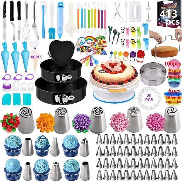 Sboly Cake Decorating Supplies, 413 PCS Baking Supplies Kit with Cake Rotating Turntable Stand, Springform Pan Sets, Icing Piping Nozzles, Cake Topper,Piping Bags