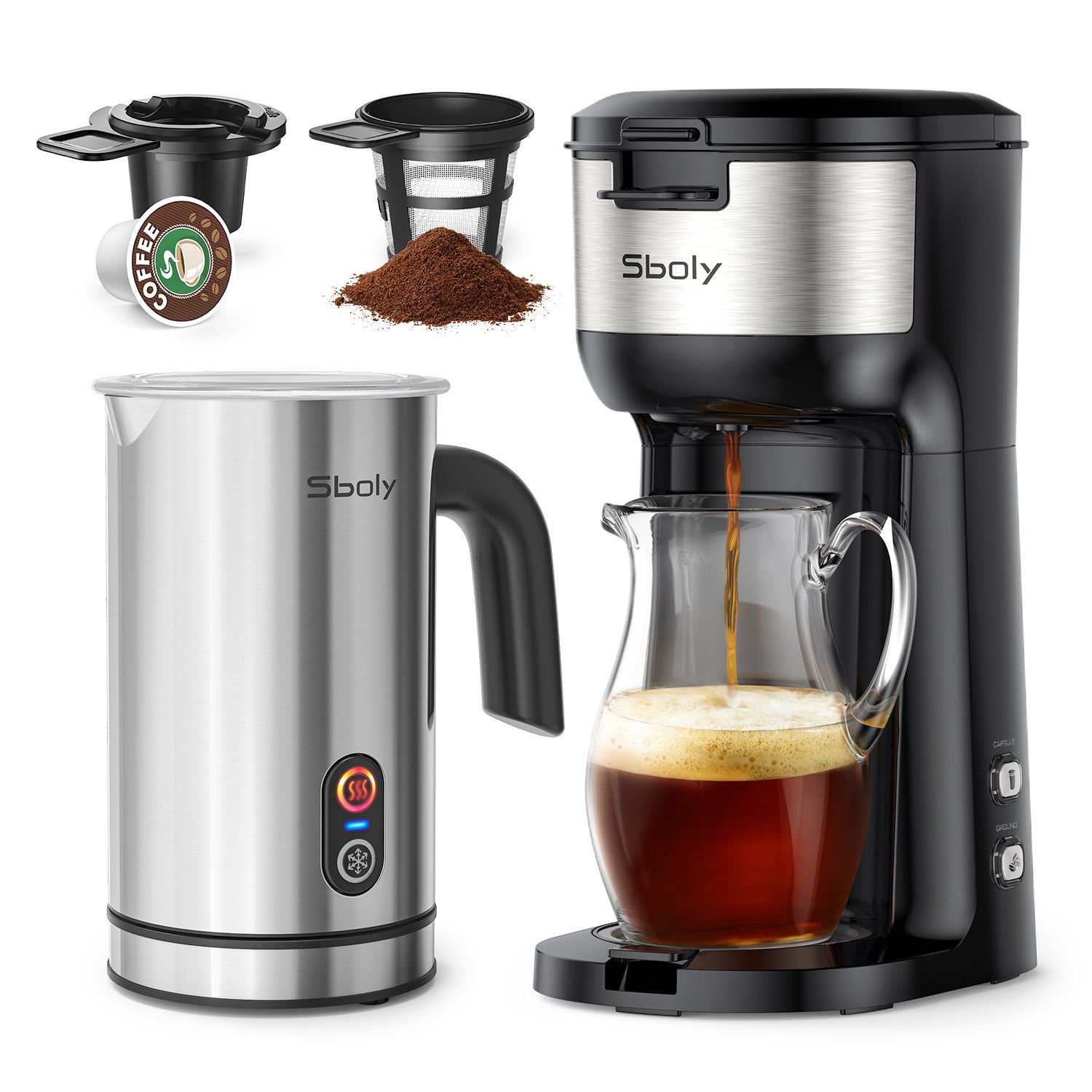 Single Serve Coffee Maker with Milk Frother for KCup and Ground Coffe