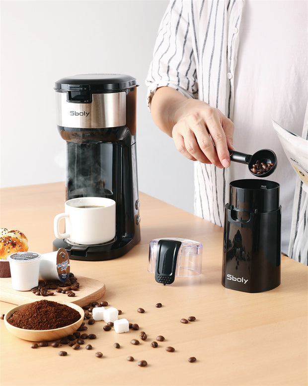 Sboly Coffee Maker with Coffee Grinder, Single Serve Coffee Maker for K-Cup Pod & Ground Coffee, Electric Coffee Grinder with Stainless Steel Blades for Coffee Beans