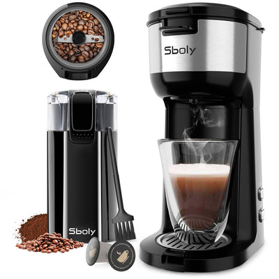 Sboly Coffee Maker with Coffee Grinder, Single Serve Coffee Maker for K-Cup Pod & Ground Coffee, Electric Coffee Grinder with Stainless Steel Blades for Coffee Beans