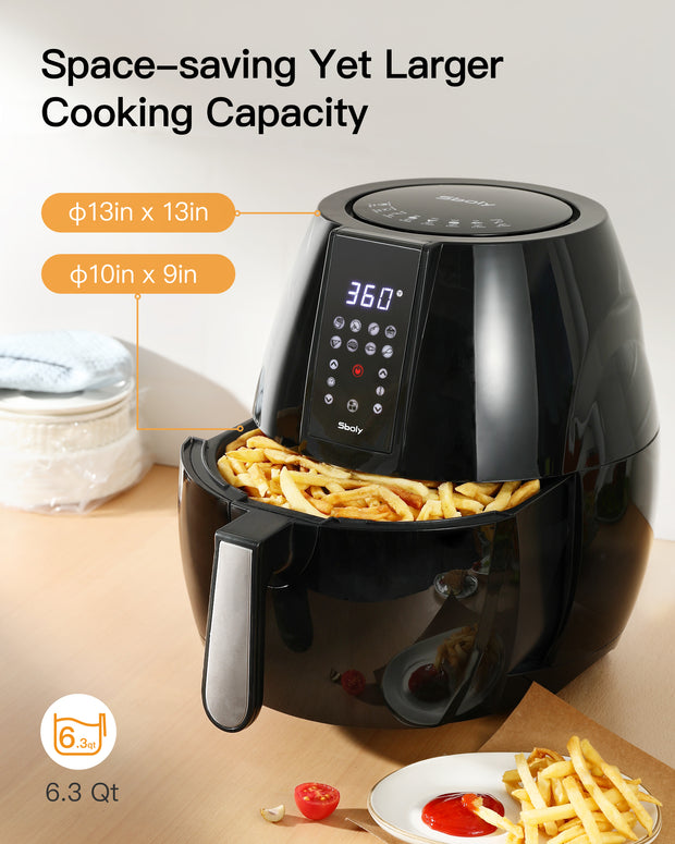 8-IN-1 Air Fryer 6.3 Qt with LCD Digital Touch Screen Cooking Tong Recipe Book Water-based Non-stick Coating Grill Shelf and Frying Basket